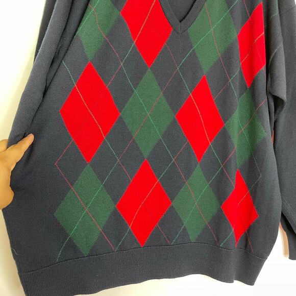 Argyle Print V-neck Men's Sweater Made in Scotland 100% Lambswool size XL Preppy - Picture 4 of 10